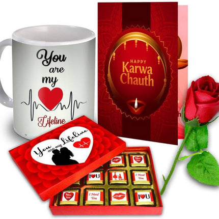 Unique Gifts Hamper for Karva Chauth - Best Gift For Wife - (Mug, Chocolate, Card & Rose) Ceramic Gift Box 