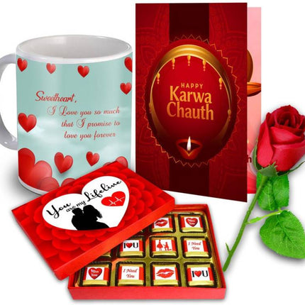 Unique Gifts Hamper for Karva Chauth - Best Gift For Wife - (Mug, Chocolate, Card & Rose) Ceramic Gift Box 
