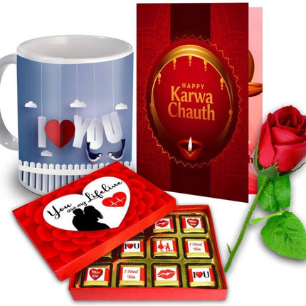 Unique Gifts Hamper for Karva Chauth - Best Gift For Wife - (Mug, Chocolate, Card & Rose) Ceramic Gift Box 