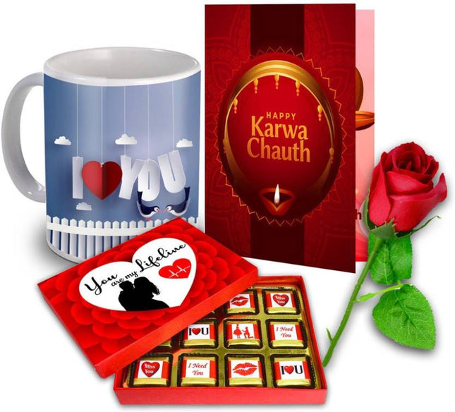 Unique Gifts Hamper for Karva Chauth - Best Gift For Wife - (Mug, Chocolate, Card & Rose) Ceramic Gift Box 