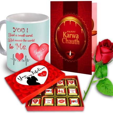 Unique Gifts Hamper for Karva Chauth - Best Gift For Wife - (Mug, Chocolate, Card & Rose) Ceramic Gift Box 