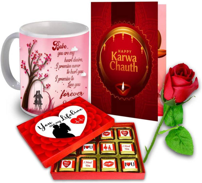 Unique Gifts Hamper for Karva Chauth - Best Gift For Wife - (Mug, Chocolate, Card & Rose) Ceramic Gift Box 