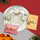 pooja thali with  rakhi and greeting card , silver pooja rakhi thali , rakshabandhan pooja thali , tradtion rakhi, brother greeting card