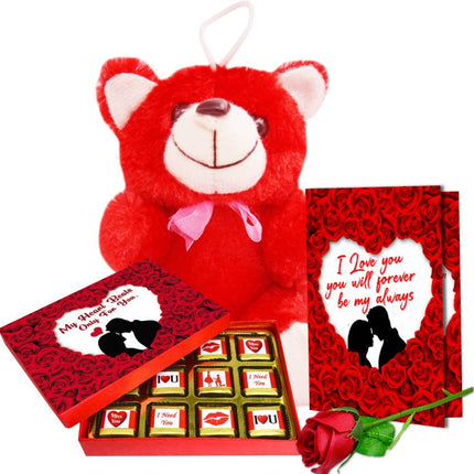 Handmade Chocolate Gift Hamper - Valentine's Day Gift Hamper for Wife - Teddy, Card, Rose & Chocolate