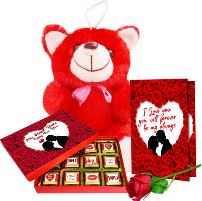 Handmade Chocolate Gift Hamper - Valentine's Day Gift Hamper for Wife - Teddy, Card, Rose & Chocolate