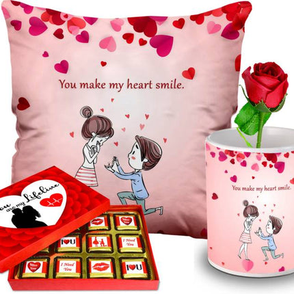 Gift for Girlfriend & Boyfriend - Valentine Gift Set,  Romantic Gifts & Birthday Gifts - Chocolate, Mug, Cushion, Rose - Ceramic, Microfibre Gift Box  