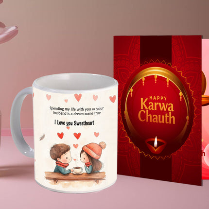 Karwa Chauth Printed Coffee Mug for Wife - Romantic Love Mug Idea, Cute Coffee Gift for Her on Karwa Chauth