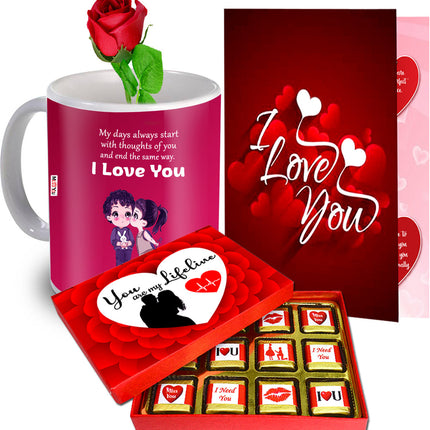 Lovely Gift for Valentine - Gift for Girlfriend, Best gift for Wife, Girlfriend - Ceramic Gift Box  (Mug, Rose, Card & Chocolate)
