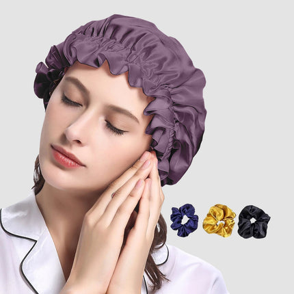 Satin Silk Sleeping Cap 2-Pack with Scrunchies – Adjustable Hair Bonnets for Frizz-Free, Tangle-Free Sleep Pack 2