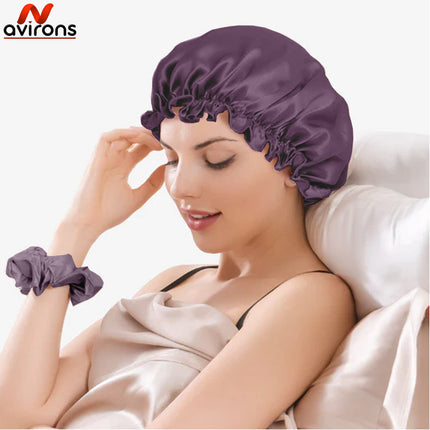 Satin Silk Sleeping Cap 2-Pack with Scrunchies – Adjustable Hair Bonnets for Frizz-Free, Tangle-Free Sleep Pack 2