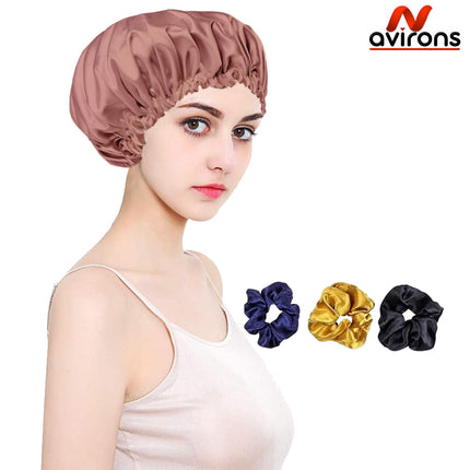 Satin Silk Sleeping Cap 2-Pack with Scrunchies – Adjustable Hair Bonnets for Frizz-Free, Tangle-Free Sleep Pack 2