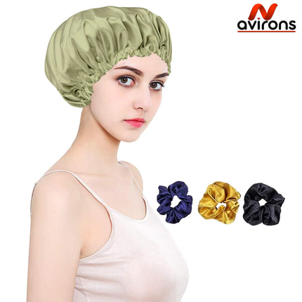 Satin Silk Sleep Cap 2-Pack with Scrunchies – Adjustable Anti-Frizz Hair Protection Bonnet for All Hair Types Pack 2