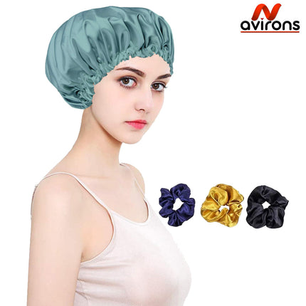 Satin Silk Sleeping Caps with Scrunchies – Adjustable Night Bonnets for Curly, Natural & All Hair Types -Pack of 2