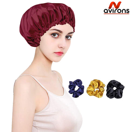 Satin Silk Sleep Caps with Scrunchies – Adjustable Bonnet Set for Smooth, Frizz-Free Hair Protection Pack 2