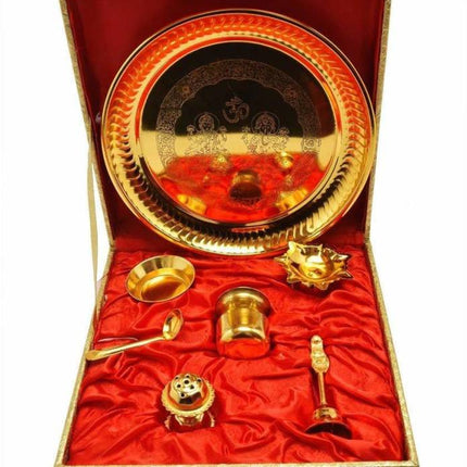 Special Designer Golden Puja Thali for Set Return Gift (10inch) Gold Plated  (7 Pieces, Gold)