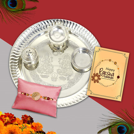 silver puja thali with rakhi and greeting card , beautiful rakhi, traditional rakhi for borther , brother greeting card