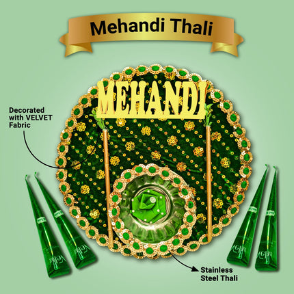 Traditional Premium Mehndi Thali with Mehndi Cone – Floral Wedding Plate for Elegant Mehndi Ceremony