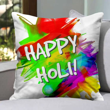 Holi Gift Hamper for Holi Festival - Holi Combo (Happy Holi Greeting Card, Coffee Mug, Gulal Tilak, Microfiber Filler with Cushion Cover