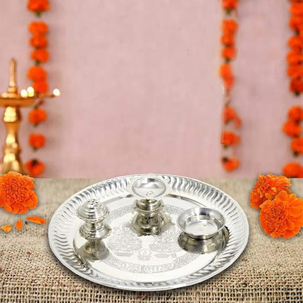 Traditional Silver Thali for Diwali, Navratri, Raksha Bandhan & Other Religious Ceremonies