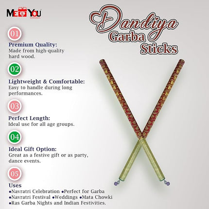Dandiya Sticks 14 Inch Set of 3 Pairs for Navratri Celebrations - Wooden Bandhani Print Dandiya
