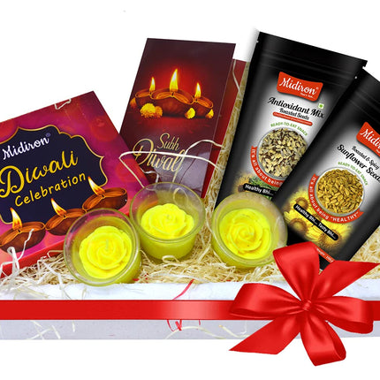 Healthy Diwali Hamper with Antioxidant & Spicy Sunflower Seeds (100g), Chocolate Box, Candle & Card