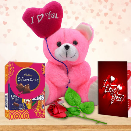 Midiron Valentine's Day Romantic Gift Hamper|Teddy Day, Rose Day, Purpose Day Gift for Couple|Gift for Wife/Girlfriend/Lover with Cadbury Chocolates, Red Rose, Greeting Card & Pink Teddy - Midiron