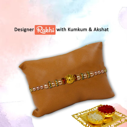 Designer Rakhi with Raksha Bandhan Card & Printed Cushion with Filler & Cover