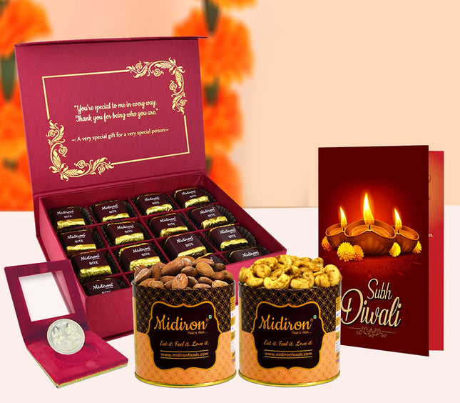 Chocolate Diwali Gift Hamper - Diwali Gift Combo with Silver Coin, Chocolate Box, Greeting Card & Dry Fruits