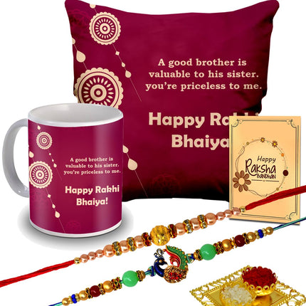 Designer Rakhi with Raksha Bandhan Card & Printed Cushion with Filler & Cover