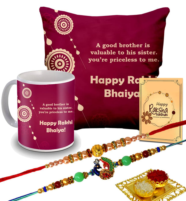 Designer Rakhi with Raksha Bandhan Card & Printed Cushion with Filler & Cover