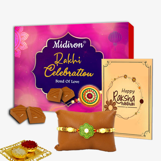 Set of Designer Rakhi with Chocolate & Greeting Card – Raksha Bandhan Combo