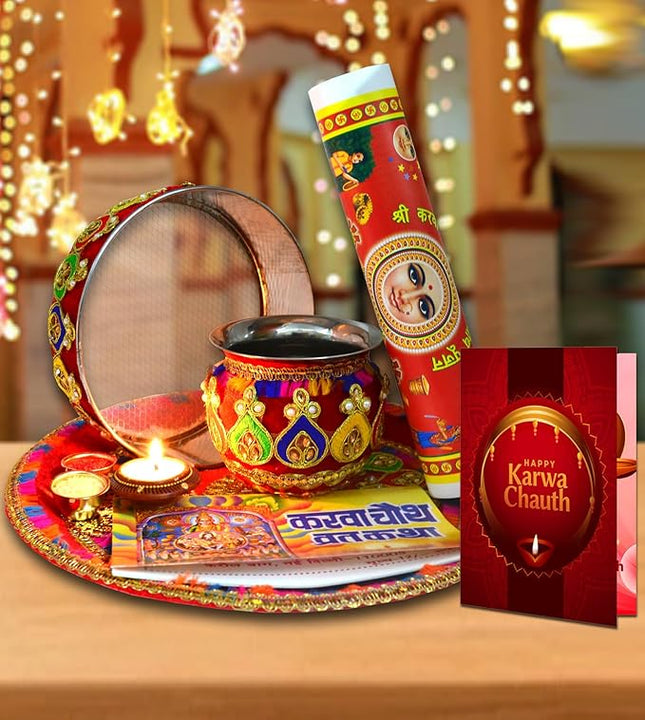 Designer Karwa Chauth Thali Set for Women - Pooja Thali with Channi, Lota & Festival Decor