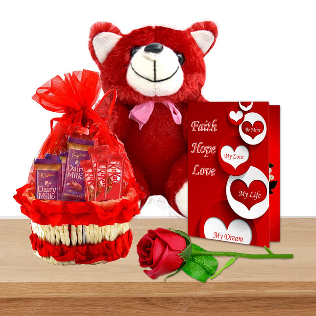 Midiron Valentines Gift Hamper for Girlfriend/Boyfriend|Rose Day, Chocolate Day, Hug Day Gift|Romantic Gift-Chocolate Red Basket Dairy Milk & Kitkat, Red Teddy, Artificial Red Rose & Love Card - Midiron