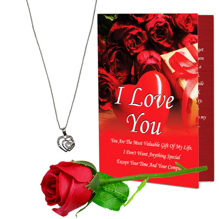Gift for Girls and Women Wife, Girlfriend, Fiancée - Beautiful Gift for Valentine’s Day, Propose & Kiss Day, Anniversary - Artificial Rose, Pendant and Greeting Card