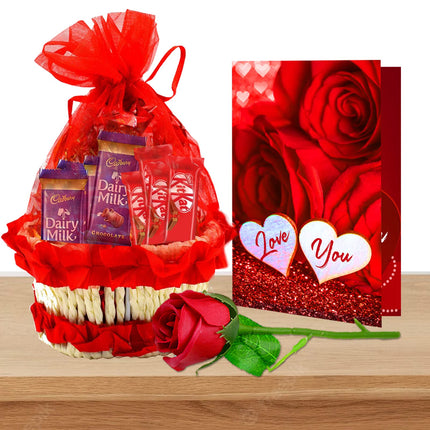 Midiron Chocolate Gift Hamper For Couple/Wife/Girlfriend|Romantic Valentine's Day Gift-Red Basket with Dairy Milk & Kitkat, Artificial Red Rose & Love Card|Chocolate Day Hamper,400 gram - Midiron