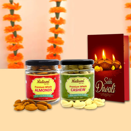 Diwali Gift Healthy Combo - Dry Fruits Diwali Hamper with Almonds & Cashews, Deepawali Greeting Card