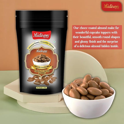 Midiron chocolate-coated almonds packaging with a bowl of almonds 