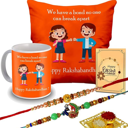 Designer Rakhi with Raksha Bandhan Card & Printed Cushion with Filler and Coffee Mug