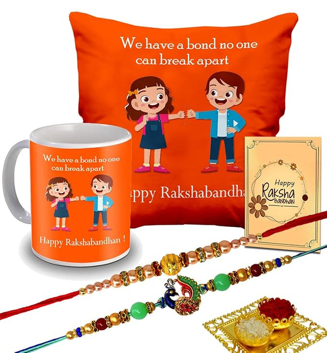 Designer Rakhi with Raksha Bandhan Card & Printed Cushion with Filler and Coffee Mug