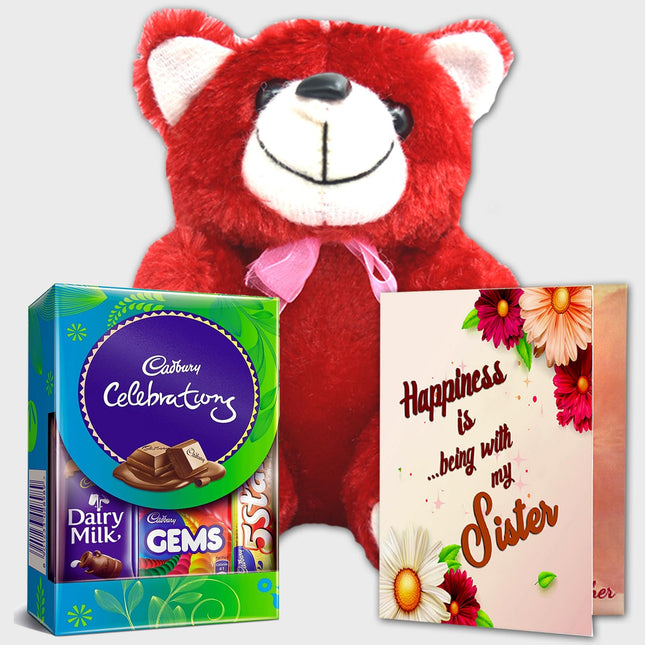 Special Gift for Sister for Rakhi, Birthday, Anniversary – Chocolate with Red Teddy & Greeting Card Combo (Pack of 4)