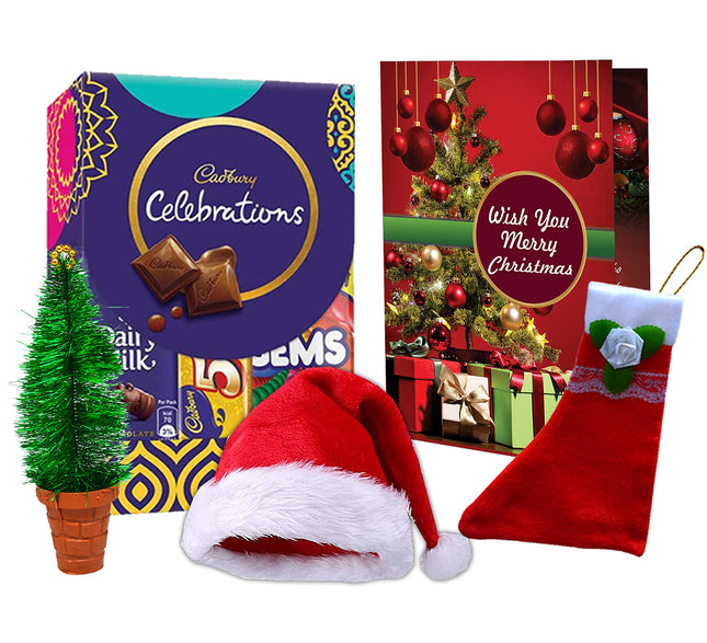 Christmas Gift Combo Pack – Cushion, Santa Cap, Mug, Chocolate Box – Perfect Gift for Relatives and Friends