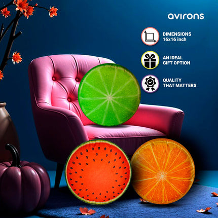 Multicolor Velvet Fruit shaped Cushions,Soft Velvet Fruit Shaped Cushion,Watermelon, Lemon  & Orange Fruit Cushion Combo,Watermelon, Orange & Lemon Cushion Set, 3D Fruit Combo Cushion Set,Kids Cushion