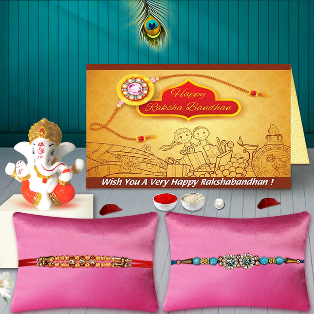 Spiritual Rakhi Gift Pack – Ganpati Murti with Rakhi Set of 2 for Bhai, Hindu Festival Rakhi Combo