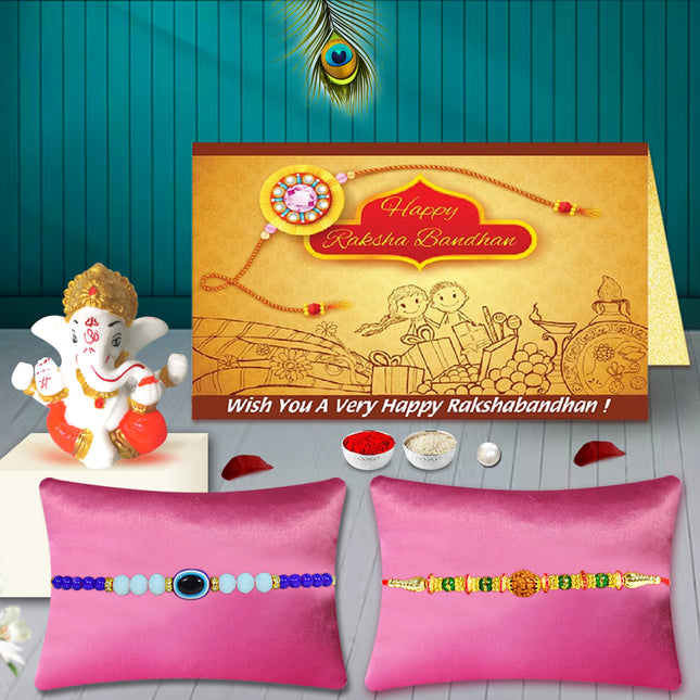 Pack of 2 Rakhi with Ganesha Idol – Raksha Bandhan Divine Gift for Brother, Indian Rakhi Combo for Puja