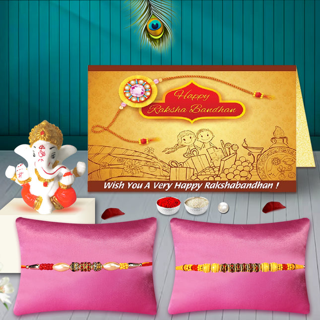 Traditional Ganesh Statue with Rakhi Combo – Pack of 2 Rakhis for Brother, Raksha Bandhan Festival Gift