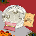 silver thali with rakhi and greeting card,silver plate for rakshabandhan, happy greeting card 