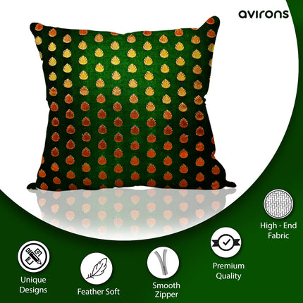 Chic Banarasi Cushion Cover with Stylish Zipper Green Color Pack of 5-16x16 inch