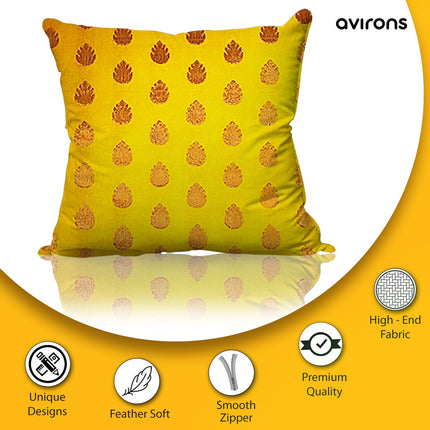 Seamless Style Banarasi Cushion Cover with Zipper Yellow Color Pack of 5-16x16 inch