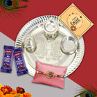 Rakhi with sweet and card, roli chawal rakhi set, rakhi set with thali and chocolates