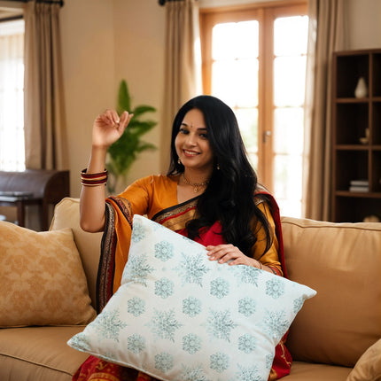 Elegant White and Blue Satin Cushion Cover - Snow Pattern with Zipper Closure